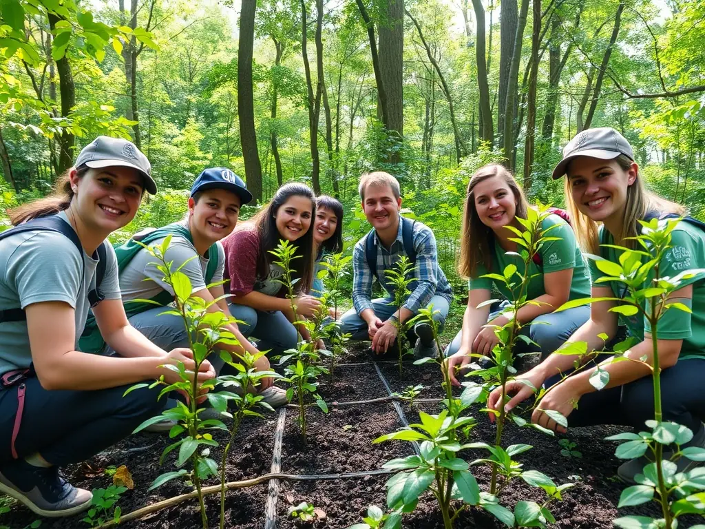 A photograph showcasing volunteers actively involved in a habitat restoration project, planting trees and clearing invasive species.