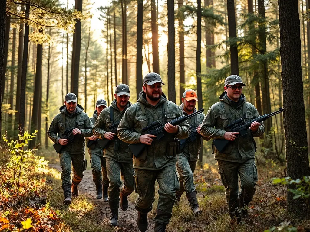 A group of hunters participating in a regulated hunt in the Maurines region, demonstrating responsible wildlife management practices.