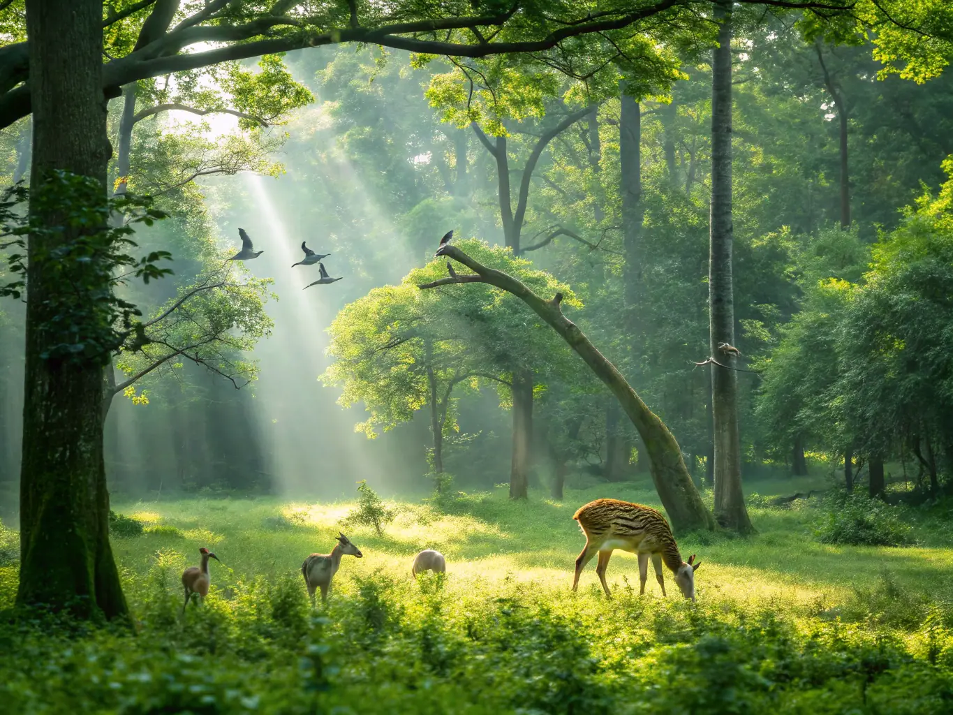 A scenic image of forested areas with wildlife such as deer and birds, illustrating healthy ecosystems managed by the association.